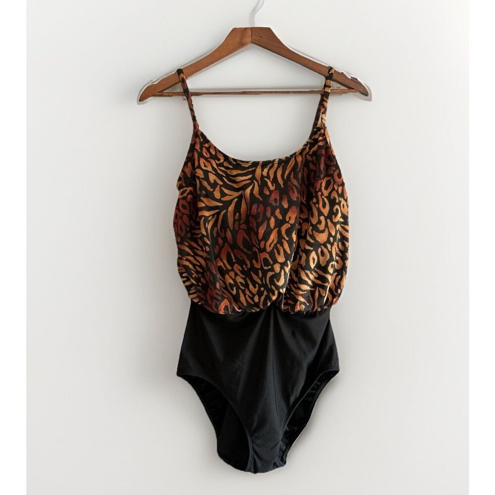 Vintage Robby Len Swimsuit One Piece Blouson Animal Print  Retro 80s 90s Size 10
